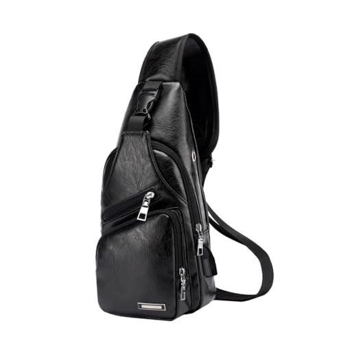 DONGKER Sling Crossbody Bag Herren, PU Leder Brusttasche Männer, Umhängetasche Reisetasche mit USB Anschluss für Casual Outdoor Wandern Reise von DONGKER