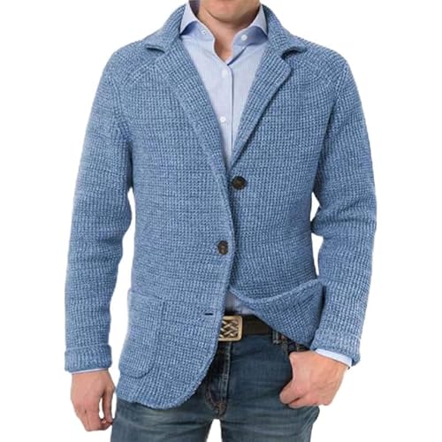 DONGPAO Herren Strickjacke Schalkragen Strick Blazer Jacke Slim Fit Sportmantel Vintage Smart Business Blazer Casual Button Down Strickpullover Jacken Mit Taschen Strickmode Blau 5XL von DONGPAO