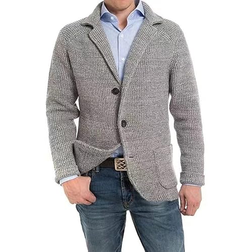 DONGPAO Herren Strickjacke Schalkragen Strick Blazer Jacke Slim Fit Sportmantel Vintage Smart Business Blazer Casual Button Down Strickpullover Jacken Mit Taschen Strickmode Hellgrau XL von DONGPAO