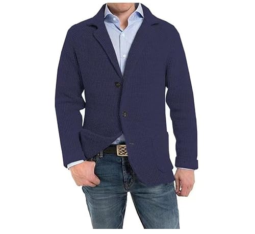 DONGPAO Herren Strickjacke Schalkragen Strick Blazer Jacke Slim Fit Sportmantel Vintage Smart Business Blazer Casual Button Down Strickpullover Jacken Mit Taschen Strickmode Marineblau XL von DONGPAO