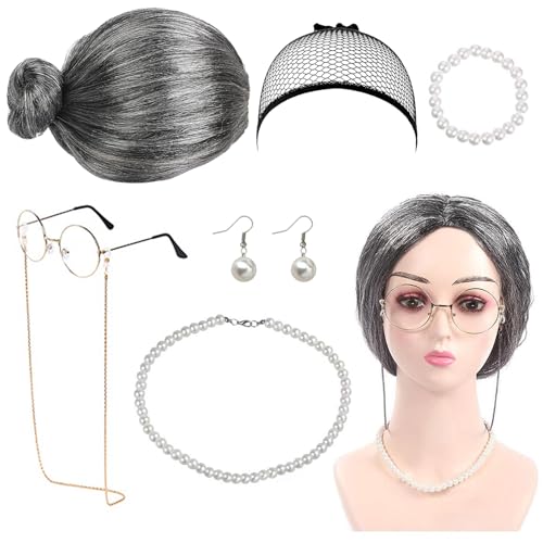 DONGSZQ Alte Dame Cosplay Set, 7tlg Großmutter Kostümzubehör mit Oma Perücke Perückekappe Omabrille Brillenketten Armband Perlenkette Ohrringe für Halloween Karneval Mottoparty Fasching Deko von DONGSZQ