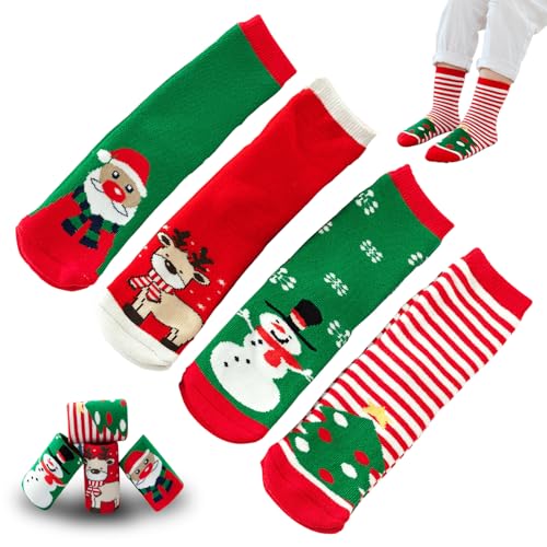 DONGSZQ Weihnachten Socken, 4 Paar Kinder Weihnachten Socke, Lustige Weihnachtssocken Unisex Kinder Weihnachtssocken für Weihnachten Geburtstag und Adventskalender (S) von DONGSZQ