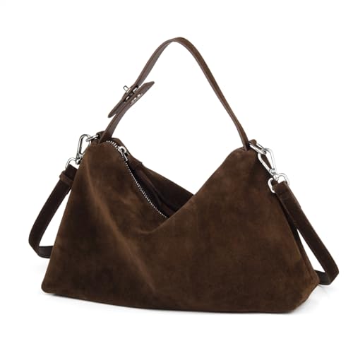 DONNAIN Hochwertiges Wildleder Tasche, Umhängetasche aus Halbmondform, Lederhandtasche Damen Echtleder, Handtasche Damen Leder, Suede bag, Tasche mit verstellbarem Riemen, Kaffee von DONNAIN