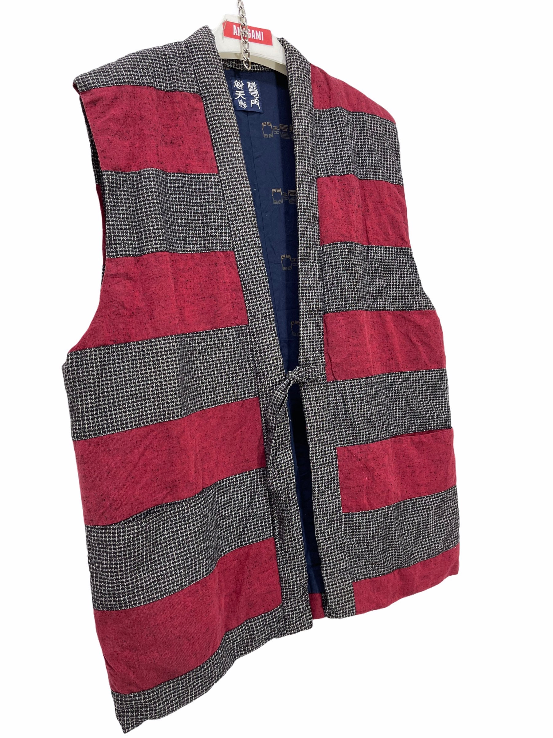 Made in Japan Vintage Hanten Weste Jacke Padding Border Hagi Striped Patchwork Kimono Hand Sashiko Stitch von DONPACINO