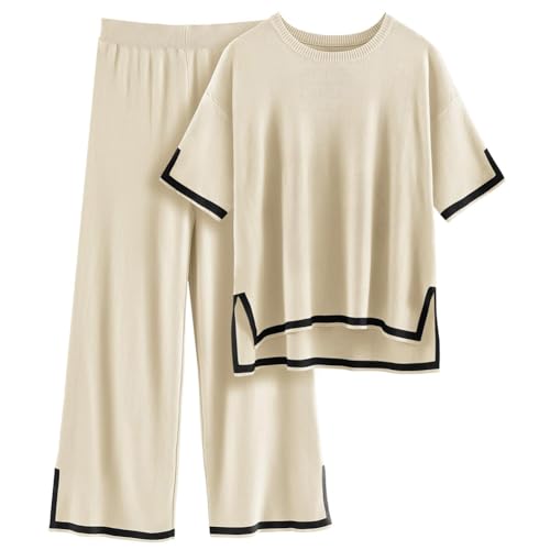 DONYKARRY 2 Pieces Jogginganzug Damen Set Kurzarm Lounge Sets Strickpullover Top Weites Bein Elastische Taille Hose Anzug (Aprikosenfarbe,S) von DONYKARRY