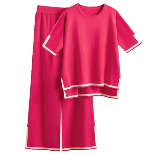 DONYKARRY 2 Pieces Jogginganzug Damen Set Kurzarm Lounge Sets Strickpullover Top Weites Bein Elastische Taille Hose Anzug (Rot,M) von DONYKARRY