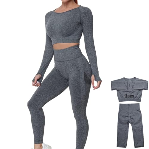 DONYKARRY 2 Teilig Trainingsanzug Damen, Sport Leggings Gym Set Yoga Jogginganzug Strumpfhosen Stretch-Sport-BH-Fitness-Set Sportbekleidung Jogging Pilates (2 Pcs-Grau,L) von DONYKARRY