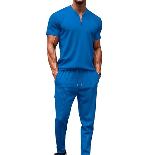 DONYKARRY 2-Teilige Herren Jogging Anzug Trainingsanzug Sportanzug Aus Baumwolle Fitnessraum Kurzarm Oben+ Hose Tracksuit Atmungsaktiv Hausanzug Set(Blau,XXL) von DONYKARRY