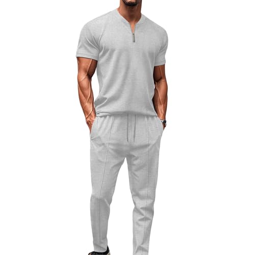 DONYKARRY 2-Teilige Herren Jogging Anzug Trainingsanzug Sportanzug Aus Baumwolle Fitnessraum Kurzarm Oben+ Hose Tracksuit Atmungsaktiv Hausanzug Set(Grau,XXL) von DONYKARRY