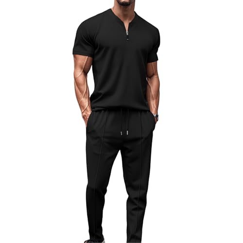 DONYKARRY 2-Teilige Herren Jogging Anzug Trainingsanzug Sportanzug Aus Baumwolle Fitnessraum Kurzarm Oben+ Hose Tracksuit Atmungsaktiv Hausanzug Set(Schwarz,XXL) von DONYKARRY
