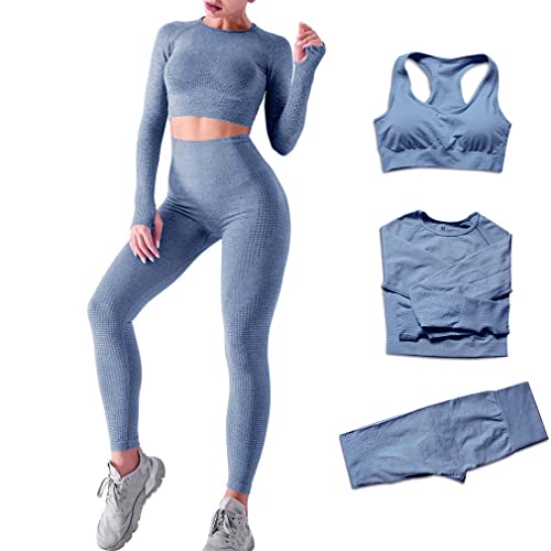 DONYKARRY 3 Teilig Trainingsanzug Damen, Sport Leggings Gym Set Yoga Jogginganzug Strumpfhosen Stretch-Sport-BH-Fitness-Set Sportbekleidung Jogging Pilates Zumba Tennisbekleidung（Grau,L） von DONYKARRY