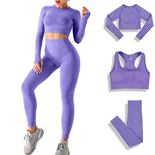 DONYKARRY 3 Teilig Trainingsanzug Damen, Sport Leggings Gym Set Yoga Jogginganzug Strumpfhosen Stretch-Sport-BH-Fitness-Set Sportbekleidung Jogging Pilates Zumba Tennisbekleidung（Lila,S） von DONYKARRY