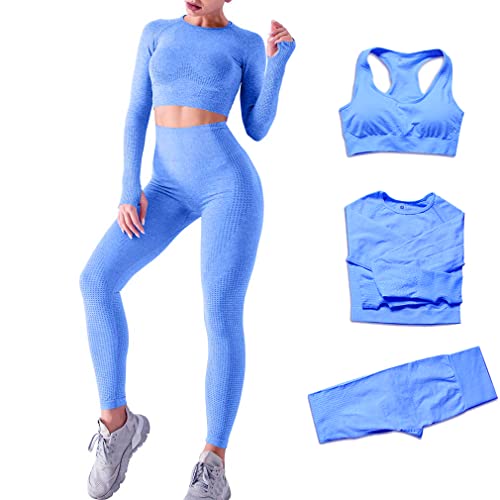 DONYKARRY 3 Teilig Trainingsanzug Damen, Sport Leggings Gym Set Yoga Jogginganzug Strumpfhosen Stretch-Sport-BH-Fitness-Set Sportbekleidung Jogging Pilates Zumba Tennisbekleidung（Blau,M） von DONYKARRY