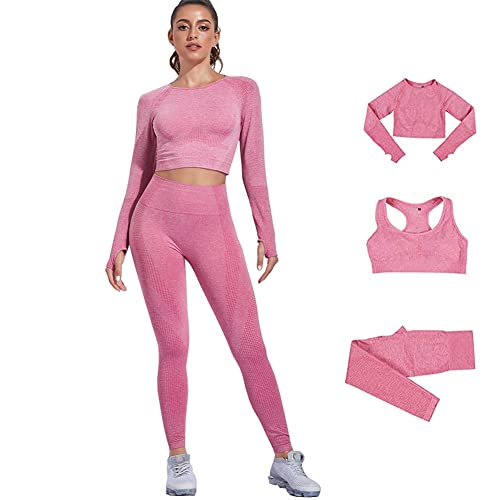 DONYKARRY 3 Teilig Trainingsanzug Damen, Sport Leggings Gym Set Yoga Jogginganzug Strumpfhosen Stretch-Sport-BH-Fitness-Set Sportbekleidung Jogging Pilates Zumba Tennisbekleidung（Rosa,S） von DONYKARRY