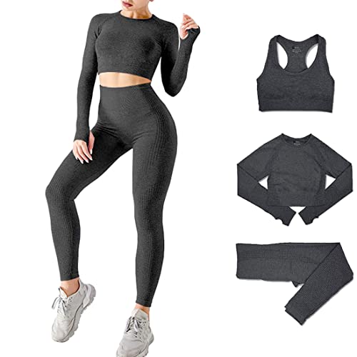 DONYKARRY 3 Teilig Trainingsanzug Damen, Sport Leggings Gym Set Yoga Jogginganzug Strumpfhosen Stretch-Sport-BH-Fitness-Set Sportbekleidung Jogging Pilates Zumba Tennisbekleidung（Schwarz,L） von DONYKARRY