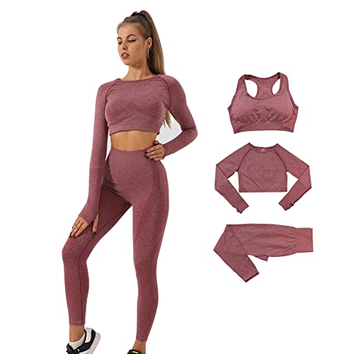 DONYKARRY 3 Teilig Trainingsanzug Damen, Sport Leggings Gym Set Yoga Jogginganzug Strumpfhosen Stretch-Sport-BH-Fitness-Set Sportbekleidung Jogging Pilates Zumba Tennisbekleidung (Claret，L) von DONYKARRY