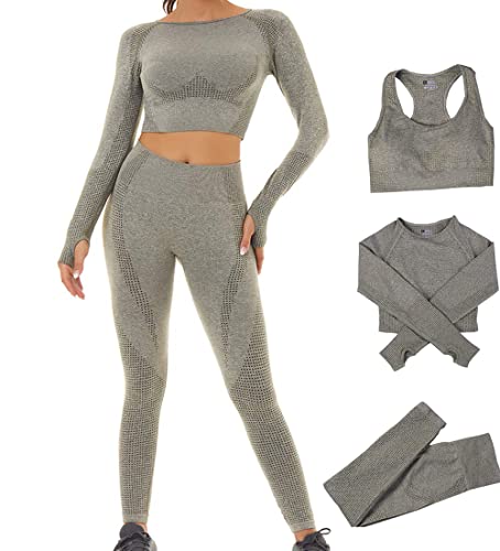 DONYKARRY 3 Teilig Trainingsanzug Damen, Sport Leggings Gym Set Yoga Jogginganzug Strumpfhosen Stretch-Sport-BH-Fitness-Set Sportbekleidung Pilates Zumba Tennisbekleidung (Militär Grün ，M) von DONYKARRY