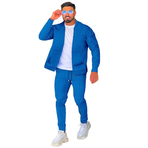 DONYKARRY Herren 2-Teilige Sporthemd mit Baseballkragen Sweatsuit Sets Dünner Male Trainingsanzug-Sets Mit Durchgehendem Reißverschluss, Trendige Jacke Anzug Sommer Outfits(Blau,S) von DONYKARRY