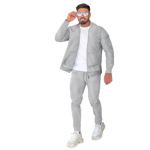 DONYKARRY Herren 2-Teilige Sporthemd mit Baseballkragen Sweatsuit Sets Dünner Male Trainingsanzug-Sets Mit Durchgehendem Reißverschluss, Trendige Jacke Anzug Sommer Outfits(Grau,XXL) von DONYKARRY