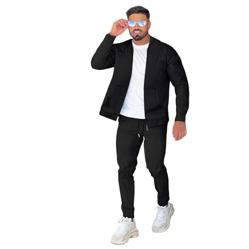 DONYKARRY Herren 2-Teilige Sporthemd mit Baseballkragen Sweatsuit Sets Dünner Male Trainingsanzug-Sets Mit Durchgehendem Reißverschluss, Trendige Jacke Anzug Sommer Outfits(Schwarz,M) von DONYKARRY