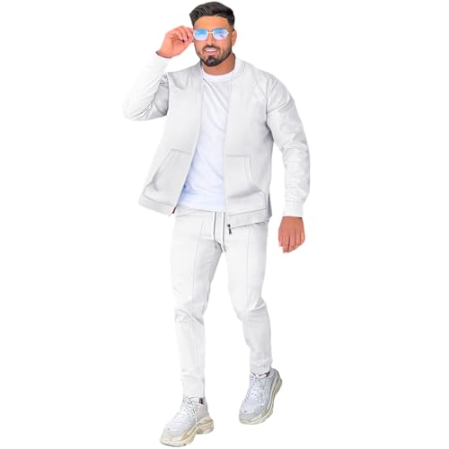 DONYKARRY Herren 2-Teilige Sporthemd mit Baseballkragen Sweatsuit Sets Dünner Male Trainingsanzug-Sets Mit Durchgehendem Reißverschluss, Trendige Jacke Anzug Sommer Outfits(Weiß,L) von DONYKARRY