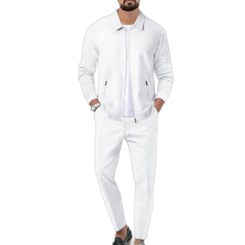 DONYKARRY Herren 2-Teilige Waffel Soft Hoodies Sweatsuit Sets Male Trainingsanzug-Sets Mit Durchgehendem Reißverschluss, Trendige Jacke Anzug Sommer Outfits(Weiß,L) von DONYKARRY