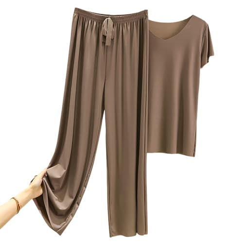 DONYKARRY Jogginganzug Damen Lang Heimbekleidung Tracksuit Kurzarm Rundhalsausschnitt Einfarbig Zweiteiler Hausanzug Loungewear Outfit Jogger Trainingsanzug Set(Braun,M) von DONYKARRY