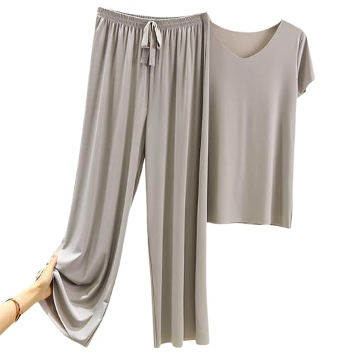 DONYKARRY Jogginganzug Damen Lang Heimbekleidung Tracksuit Kurzarm Rundhalsausschnitt Einfarbig Zweiteiler Hausanzug Loungewear Outfit Jogger Trainingsanzug Set(Grau,S) von DONYKARRY