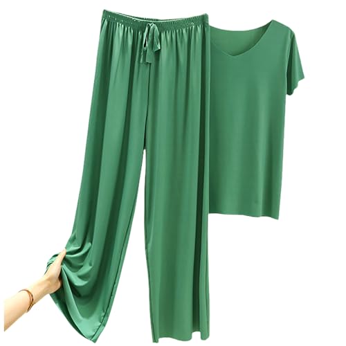 DONYKARRY Jogginganzug Damen Lang Heimbekleidung Tracksuit Kurzarm Rundhalsausschnitt Einfarbig Zweiteiler Hausanzug Loungewear Outfit Jogger Trainingsanzug Set(Grün,L) von DONYKARRY