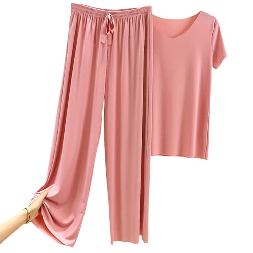 DONYKARRY Jogginganzug Damen Lang Heimbekleidung Tracksuit Kurzarm Rundhalsausschnitt Einfarbig Zweiteiler Hausanzug Loungewear Outfit Jogger Trainingsanzug Set(Rosa,S) von DONYKARRY