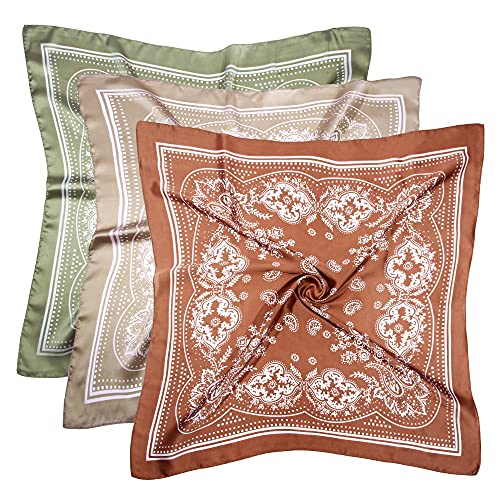 DOOBO 3 Stück 70 cm Satin Kopftuch Haar Schal Seide Kopftuch Seide Bandana Seide Haar Wrap Halstuch für Frauen Mädchen, Braun, Khaki, Hellgrün, Einheitsgröße von DOOBO