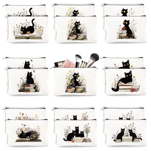Doodlream 16 Stück Cosmetic Bag Aus Segeltuch mit Schwarzen Katzen und Blumenmotiven 23 x 15cm Kätzchen Kosmetiktaschen Reise Organizer Tragbares Zubehör Fassungsvermögen Geldbörsen Organizer Beutel von DOODLREAM