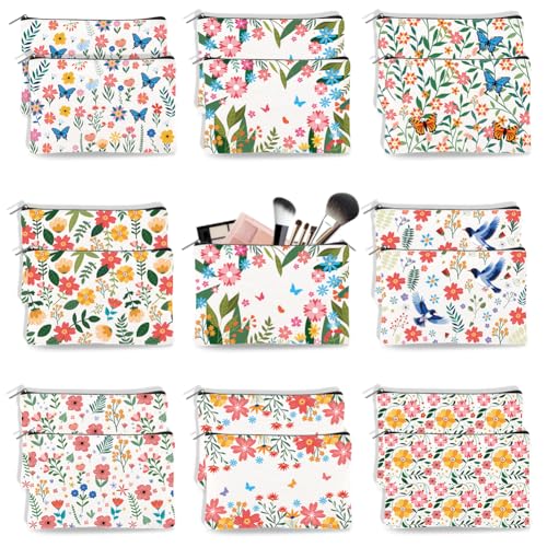 Doodlream 16 Stück Kosmetiktasche Aus Segeltuch mit Blumen und Blättern 23 x 15cm Frühlingsblumen Kosmetiktaschen Reise Organizer mit Reißverschluss Toilettenartikel mit Geldbörsen Organizer von DOODLREAM