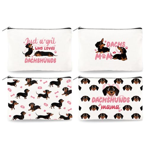 Doodlream 4 Stück Süße Kosmetiktasche Aus Segeltuch mit Dackel Motiv 23 x 15cm Dackel Kosmetiktaschen Reise Organizer Tragbares Zubehör mit Reißverschluss Toilettenartikel Geldbörsen Organizer Beutel von DOODLREAM
