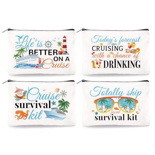 Doodlream Segeltuch Kosmetiktasche Für Kreuzfahrtschiffe – 4 Stück Kreuzfahrt Essentials Survival Kit Geschenk Kosmetiktasche Reise Organizer Tragbares Strandzubehör Mit Reißverschluss von DOODLREAM