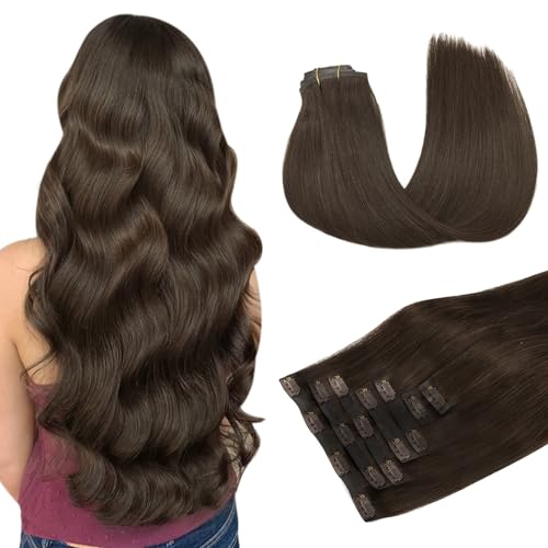 DOORES Clip in Extensions Eechthaar, Helles Dunkel Braun Echthaar Extensions Clip, 7 Stück 55cm 130g Clip in Haarverlängerung Echthaar, Damen Echthaar Haarverlängerung von DOORES