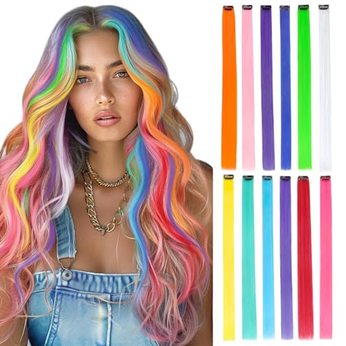 DOORES Einklipsen Farbiger Clip in Haarverlängerungen Extensions 12pcs 55cm Regenbogen Farbige Haarverlängerungen Clip In für Mädchen von DOORES