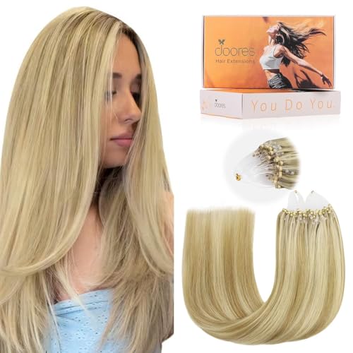 DOORES Microloop Human Hair Extensions Lang Gerade, Hellblond Hervorgehoben Goldblond 60cm 50g/50s, Natürliche Human Hair Extensions Echthaar für Frauen von DOORES