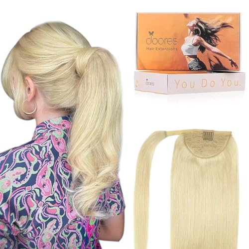 DOORES Pferdeschwanz Haarteil, Bleichblond 40cm 80g Ponytail Extension Echthaar Zopf Gerade Wickeln Sie um Remy Ponytail Echthaar Haar Extension für Damen Mädchen Glattes Lang von DOORES