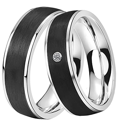 DOOSTI Damen Herren Ring Set Edelstahl Silber mit Einlage Carbon Schwarz als Partnerring Ehering Freundschaftsring Herrenring Damenring inkl. Gravur mit Namen (Ring mit Zirkonia, 48) von DOOSTI