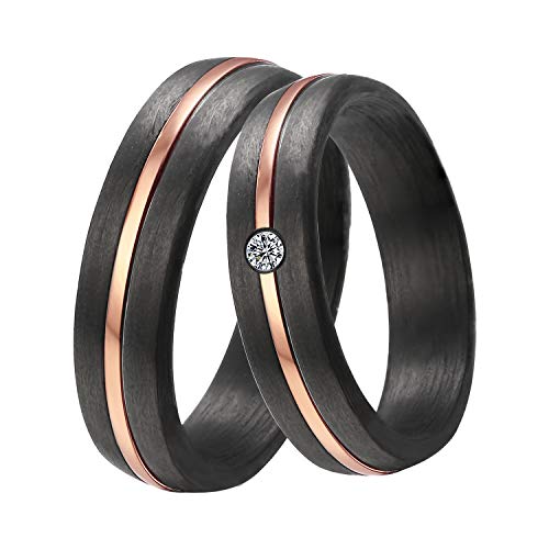 DOOSTI Damen Herren Ring schwarzes Carbon mit Edelstahl in Rosegold als Partnerring Ehering Trauring (Ring mit Zirkonia, 50) von DOOSTI