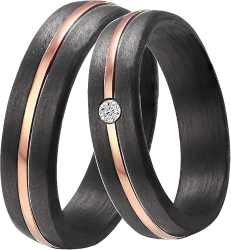 DOOSTI Damen Herren Ring schwarzes Carbon mit Edelstahl in Rosegold als Partnerring Ehering Trauring (Ring mit Zirkonia, 58) von DOOSTI