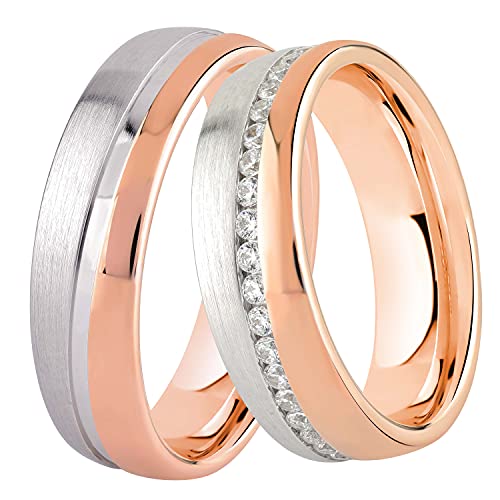 DOOSTI Damen Herren Ringe Set für Paare Bicolor 925 Sterling Silber Rosegold vergoldet als Partnerringe Freundschaftsringe Verlobungsring Mann Frau inkl. Gravur mit Namen (Ring mit Zirkonia, 58) von DOOSTI