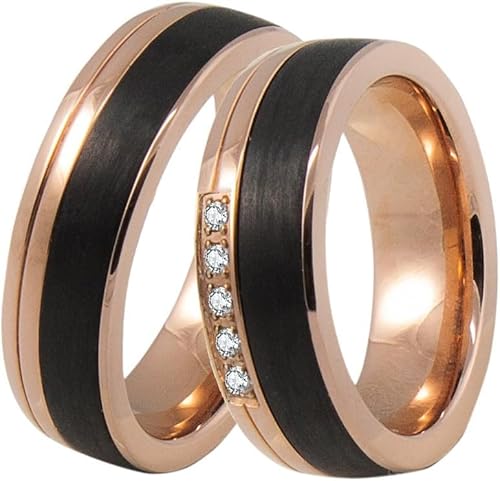 DOOSTI Ehering/Trauring/Partnerring - chirugischer Edelstahl 316L Rose vergoldet mit schwarzer Carbon Einlage - Damen und Herren Variante - Mit Gratis Wunschgravur (Ring mit Stein, 56) von DOOSTI