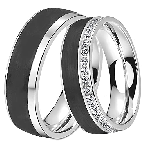 DOOSTI Paar Ring Set Damen Herren Partnerringe Edelstahl Carbon Schwarz als Freundschaftsring Partnerring Hochzeitsring Herrenring Damenring inkl. Gravur mit Namen (Ring mit Zirkonia, 52) von DOOSTI