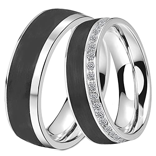 DOOSTI Paar Ring Set Damen Herren Partnerringe Edelstahl Carbon Schwarz als Freundschaftsring Partnerring Hochzeitsring Herrenring Damenring inkl. Gravur mit Namen (Ring mit Zirkonia, 62) von DOOSTI