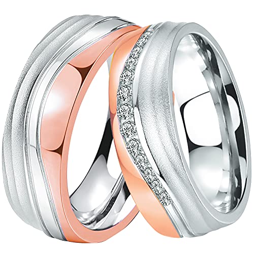 DOOSTI Paar Ringe Set für Damen Herren Partnerring Edelstahl Bicolor Silber Rosegold Ehering Trauring Freundschaftsring Hochzeit Ringe Frau Mann inkl. Gravur mit Namen (Ring ohne Zirkonia, 54) von DOOSTI