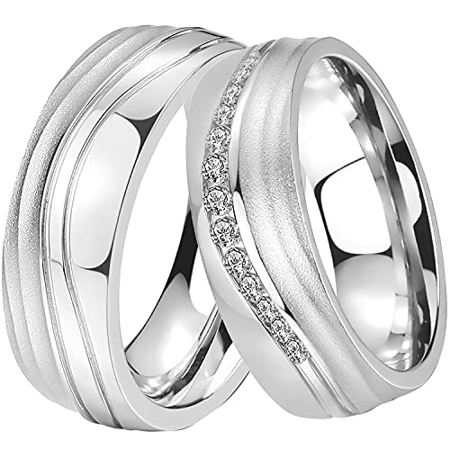 DOOSTI Paar Ringe Set für Damen Herren Partnerring Edelstahl Silber ohne/mit Zirkonia Ehering Trauring Freundschaftsring Hochzeit Ringe Frau Mann inkl. Gravur mit Namen (Ring mit Zirkonia, 62) von DOOSTI