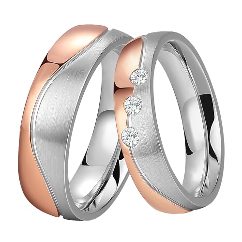 DOOSTI Partnerring/Trauring HIGHLIGHT – BICOLOR Chirurgischer Edelstahl 316L Rose vergoldet - Damen und Herren Variante - Mit Gratis Gravur (Ring mit Stein, 62) von DOOSTI