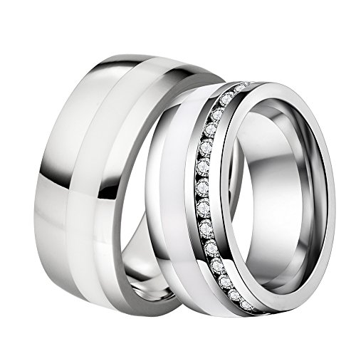 DOOSTI Partnerringe/Trauringe Chirurgischer Edelstahl 316L mit Keramikeinlage Weiß - inkl. Gratis Gravur von DOOSTI
